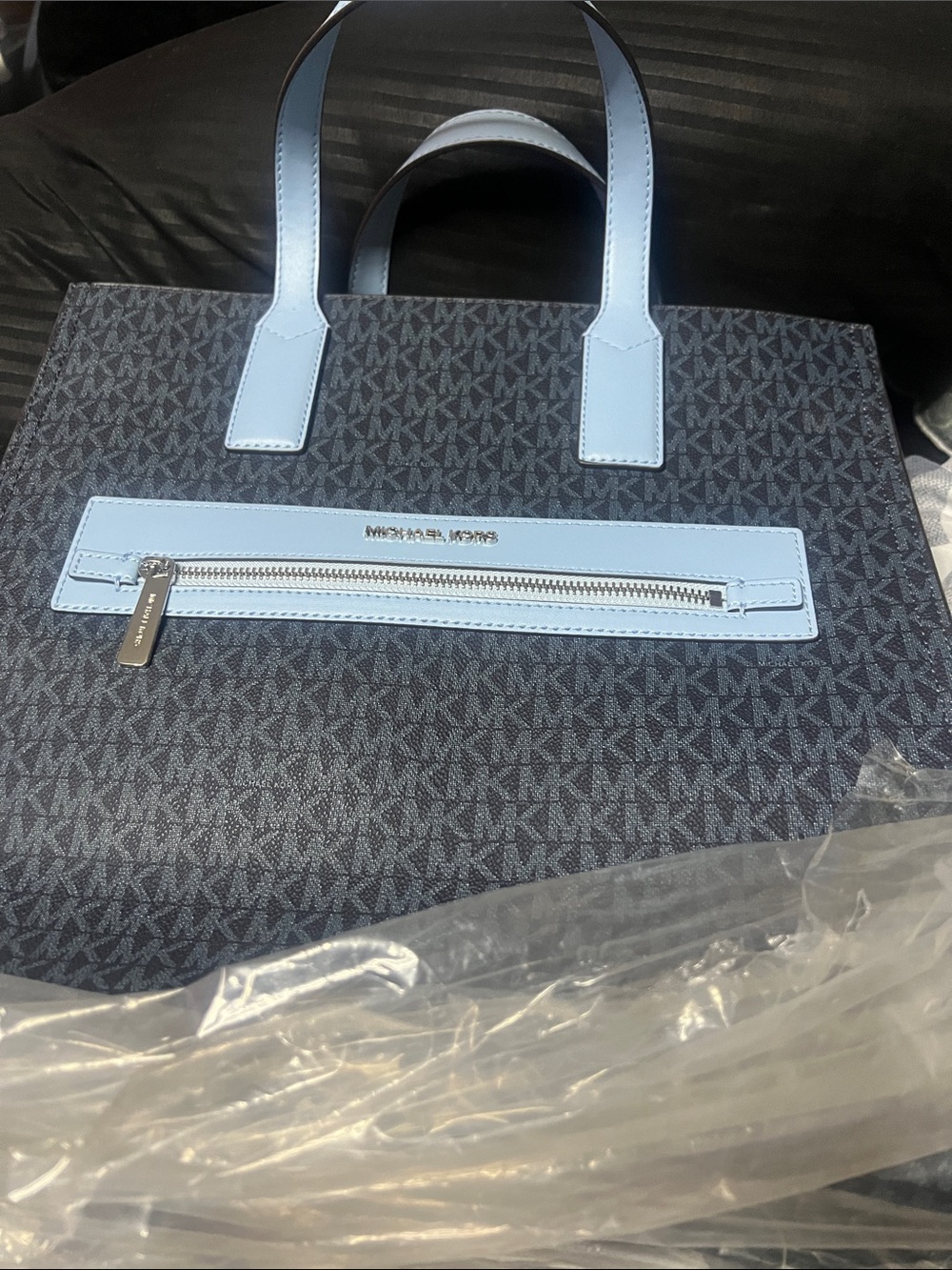 Michael Kors Navy Tote with Light Blue Trim and Logo Print